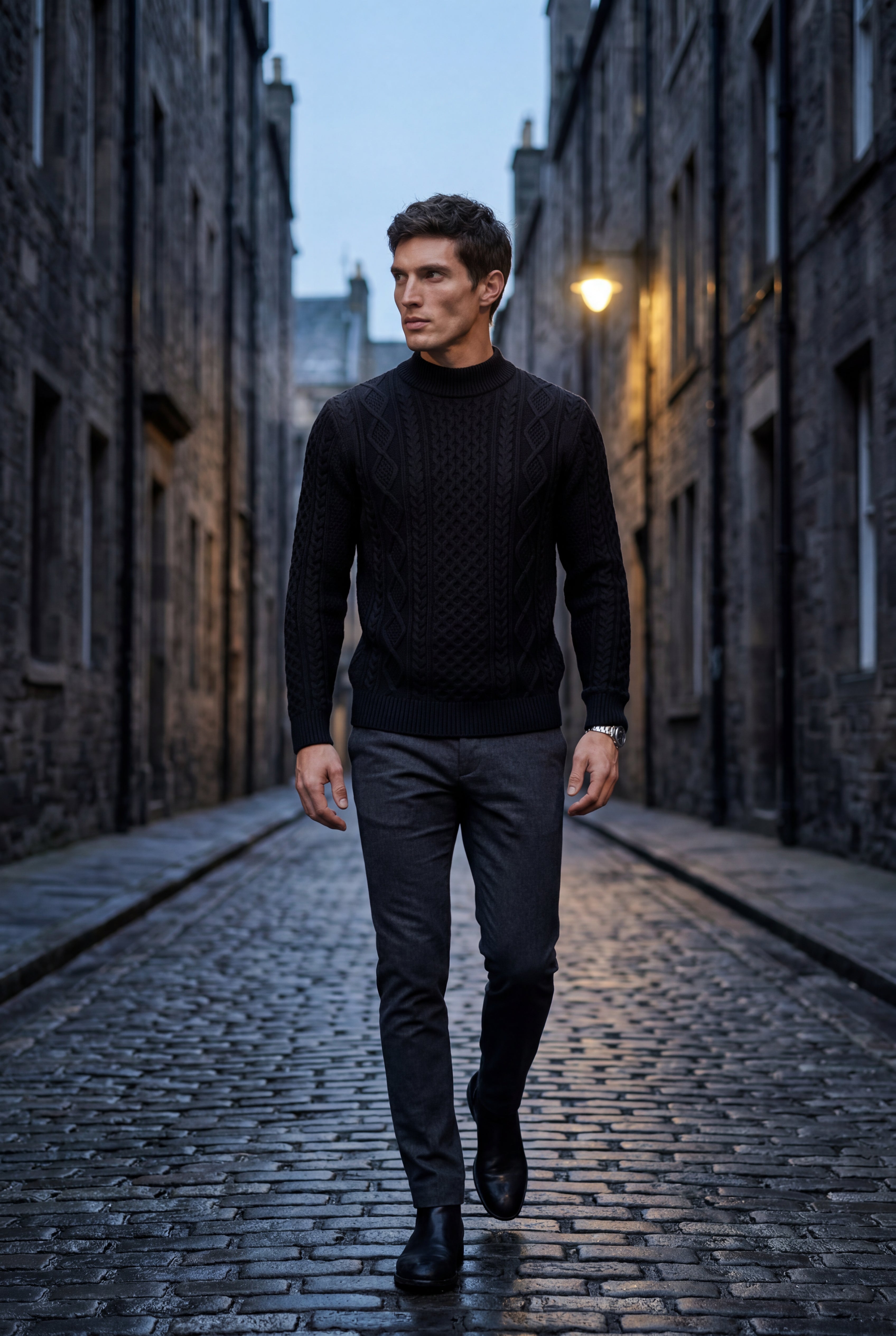 Chunky Cable Crewneck Sweater with Ribbed Hem | Liam