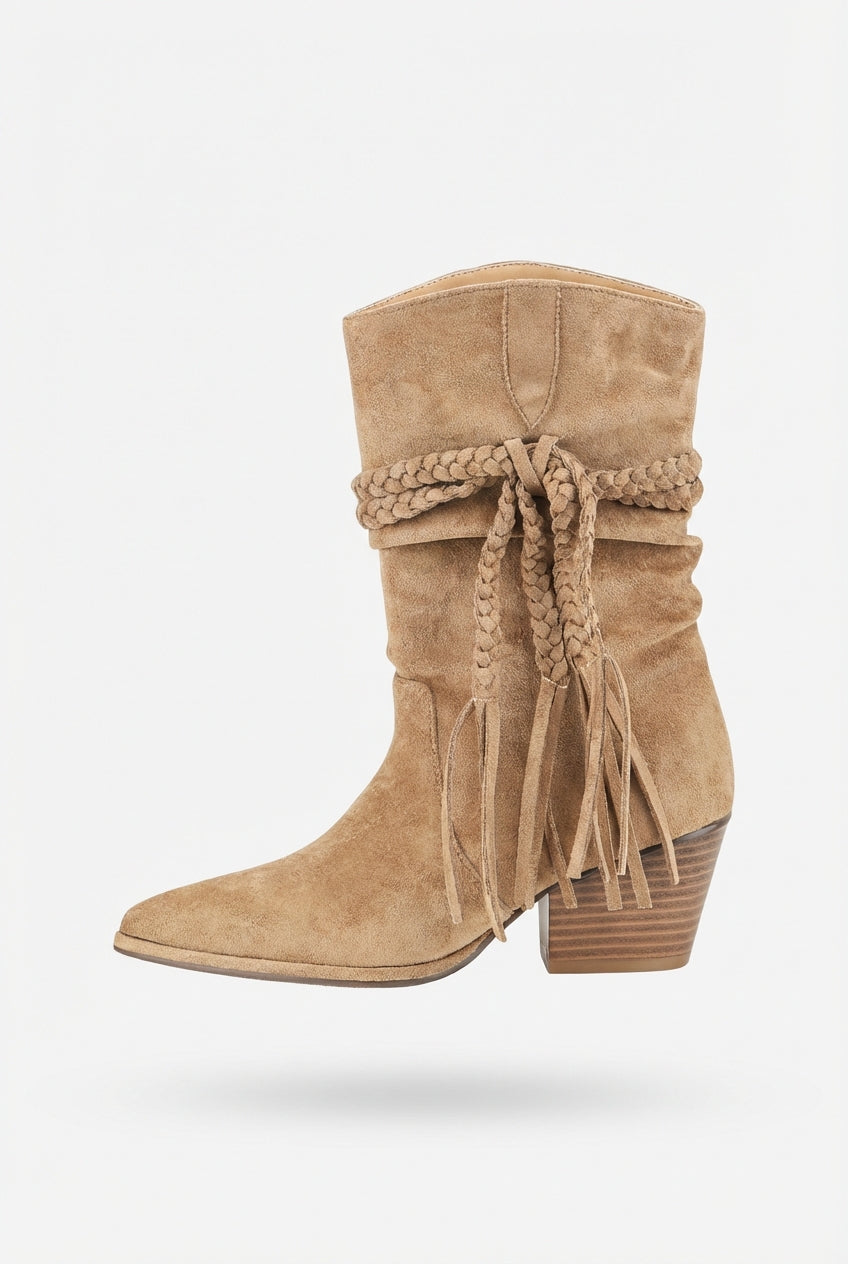Lia | Braided Tassel Western Chunky Heel Mid-calf Boots