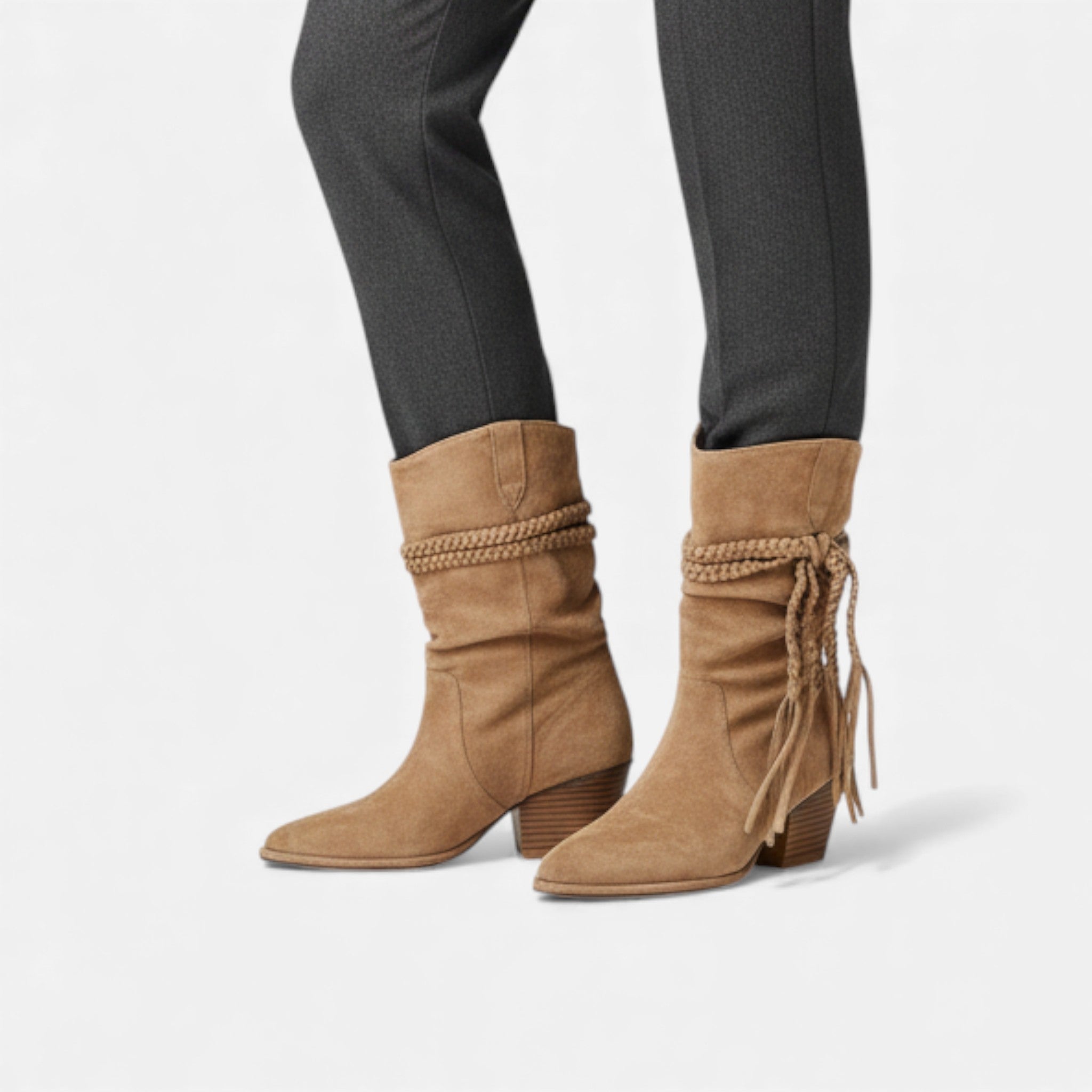 Lia | Braided Tassel Western Chunky Heel Mid-calf Boots