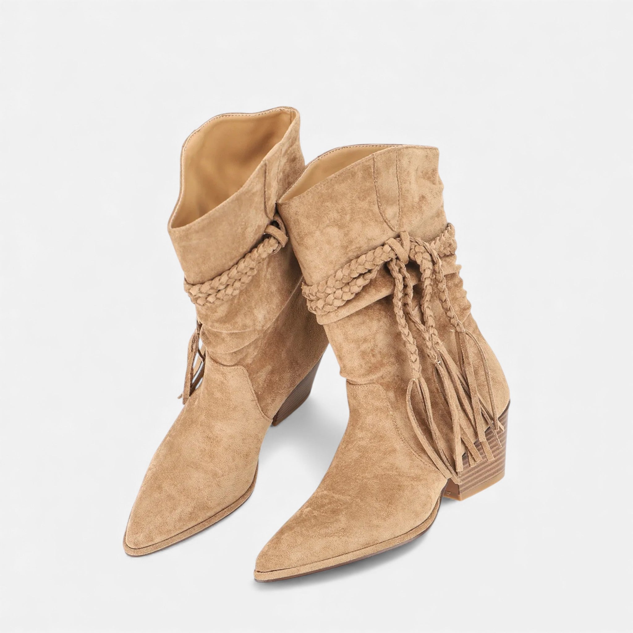 Lia | Braided Tassel Western Chunky Heel Mid-calf Boots