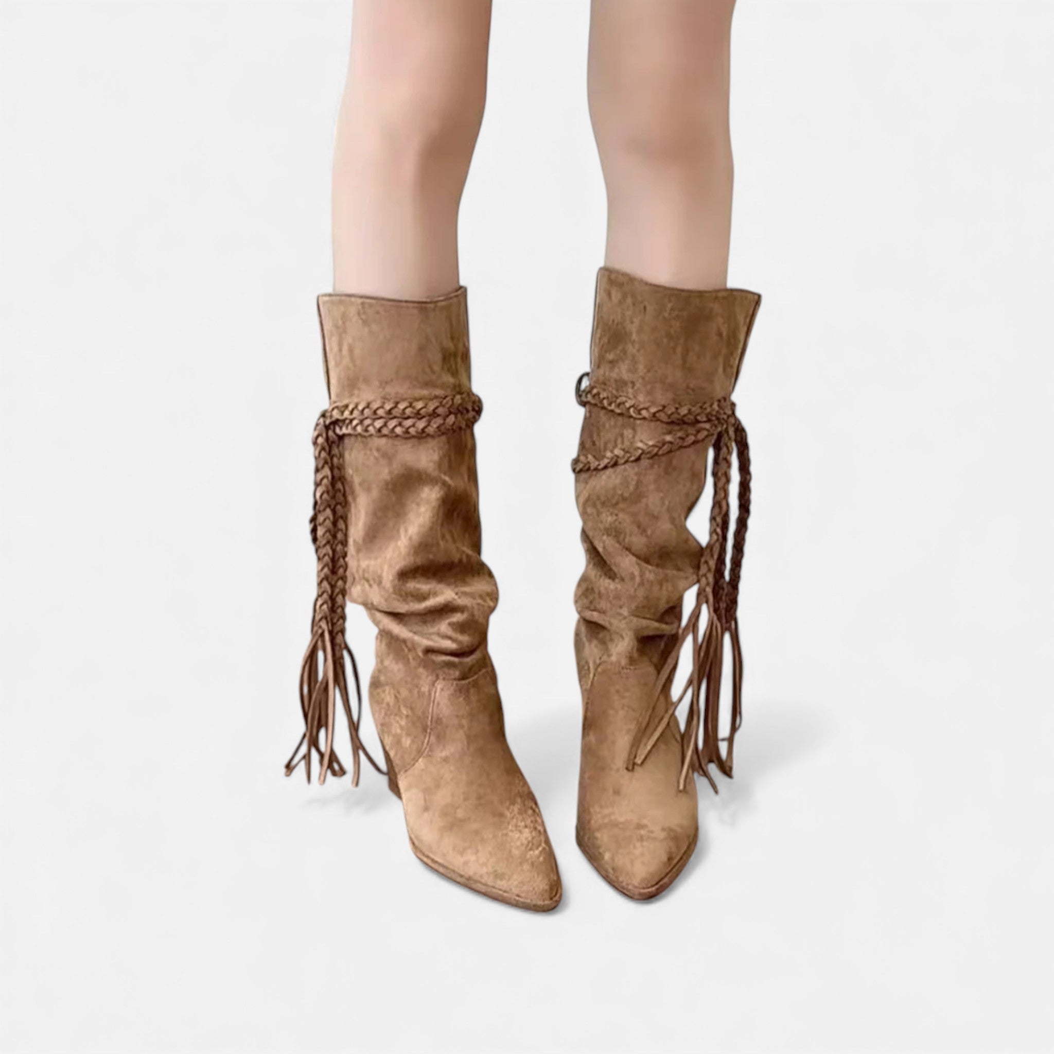 Lia | Braided Tassel Western Chunky Heel Mid-calf Boots