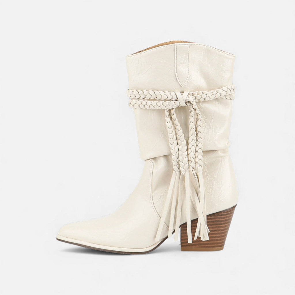 Lia | Braided Tassel Western Chunky Heel Mid-calf Boots