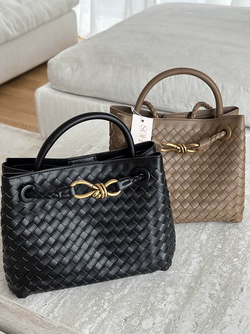 Lieke | Women's Braided Structured Medium Tote Handbag with Top Handles