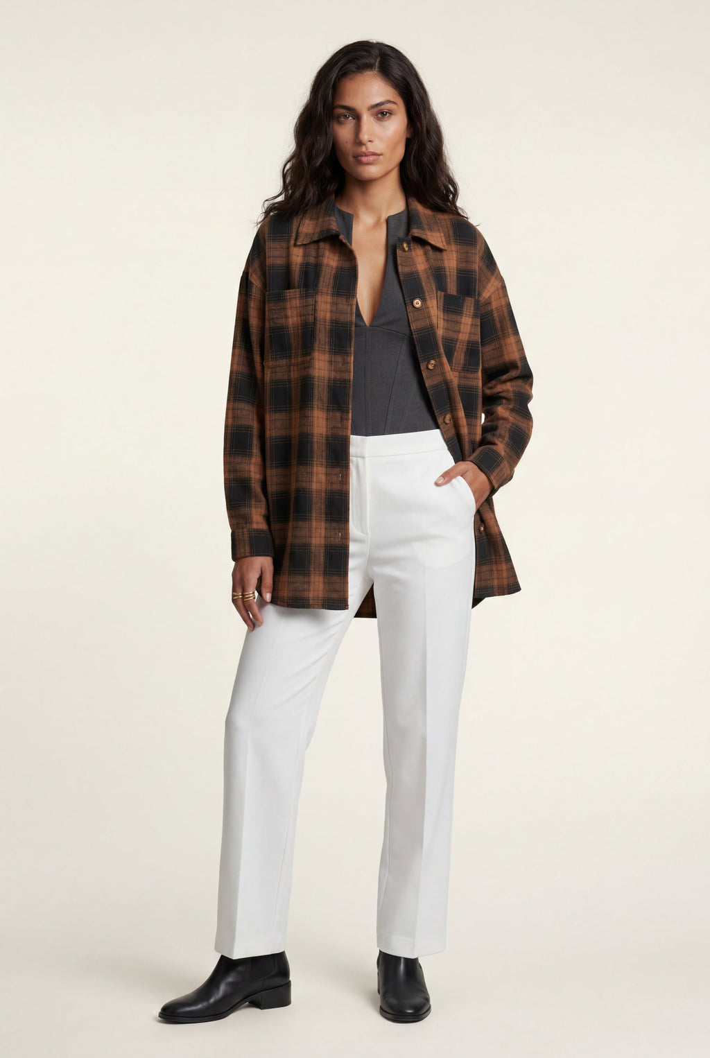 Relaxed Fit Checked Long Sleeve Shirt with Classic Collar