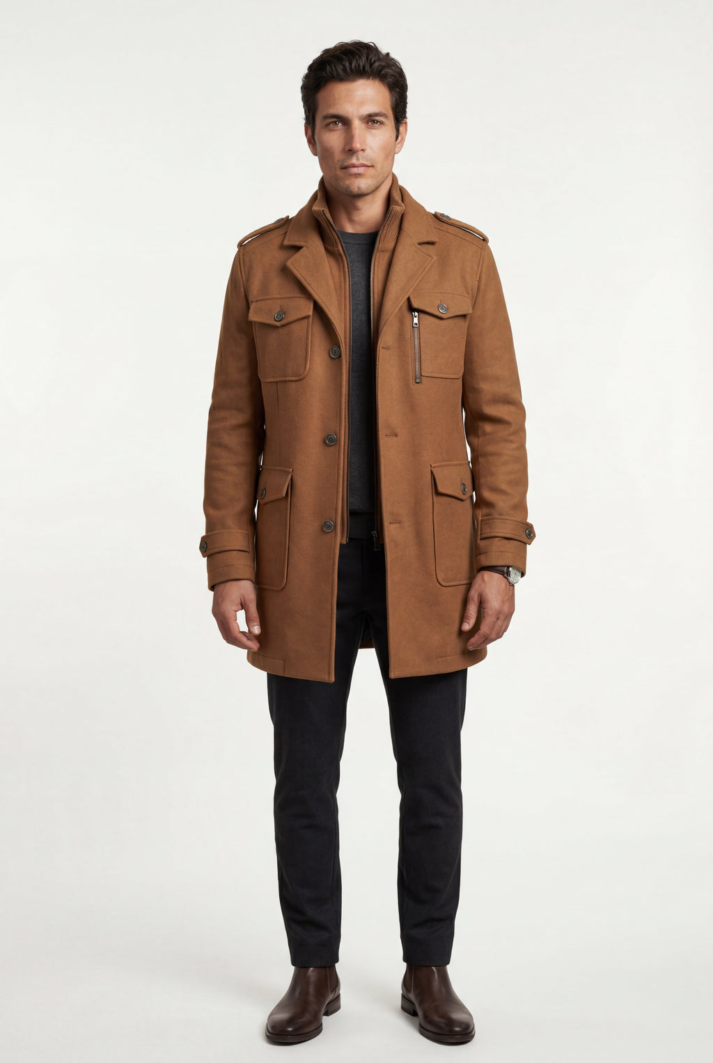 Liam | Stand Collar Slim Fit Winter Coat with Button Tab