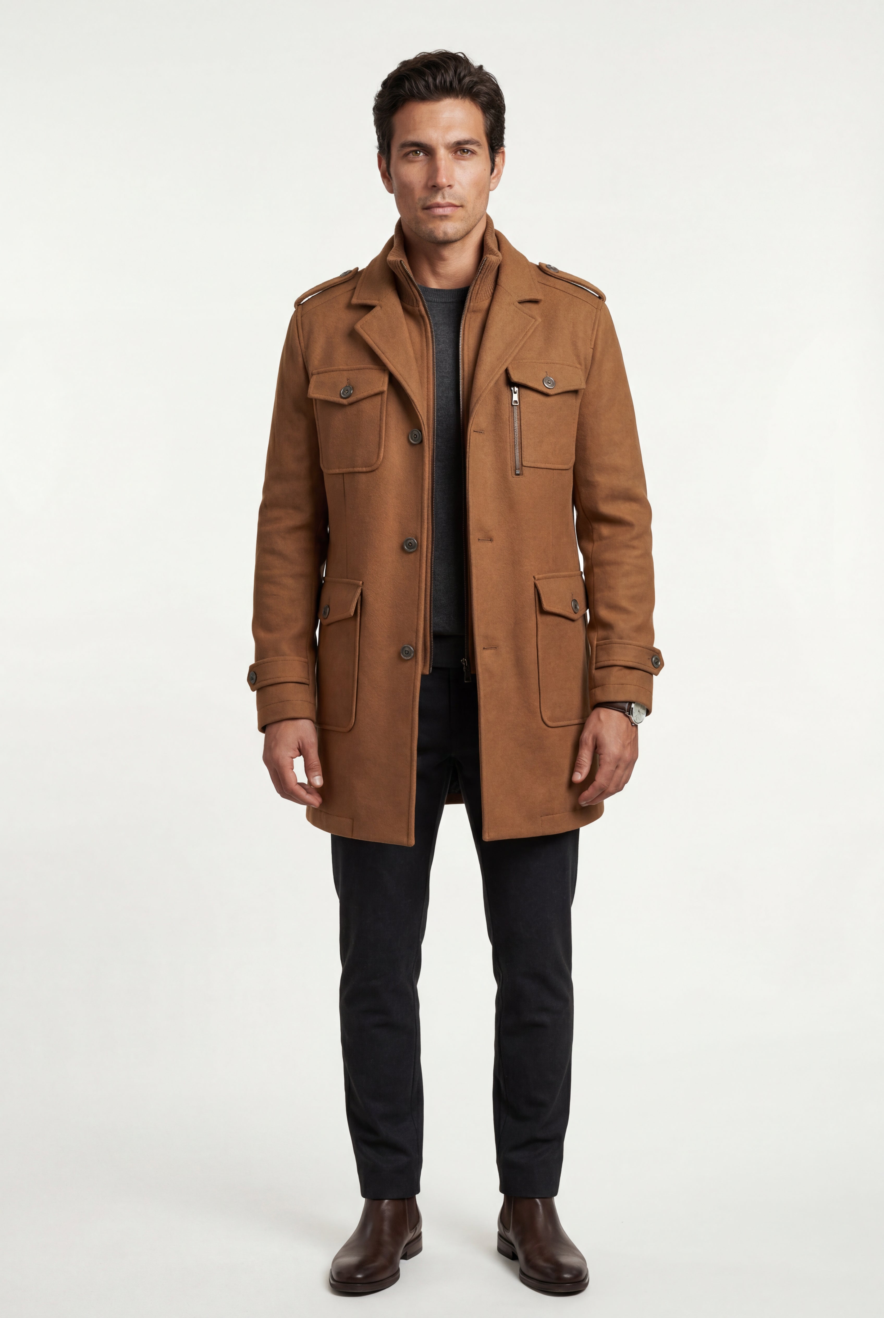 Liam | Stand Collar Slim Fit Winter Coat with Button Tab