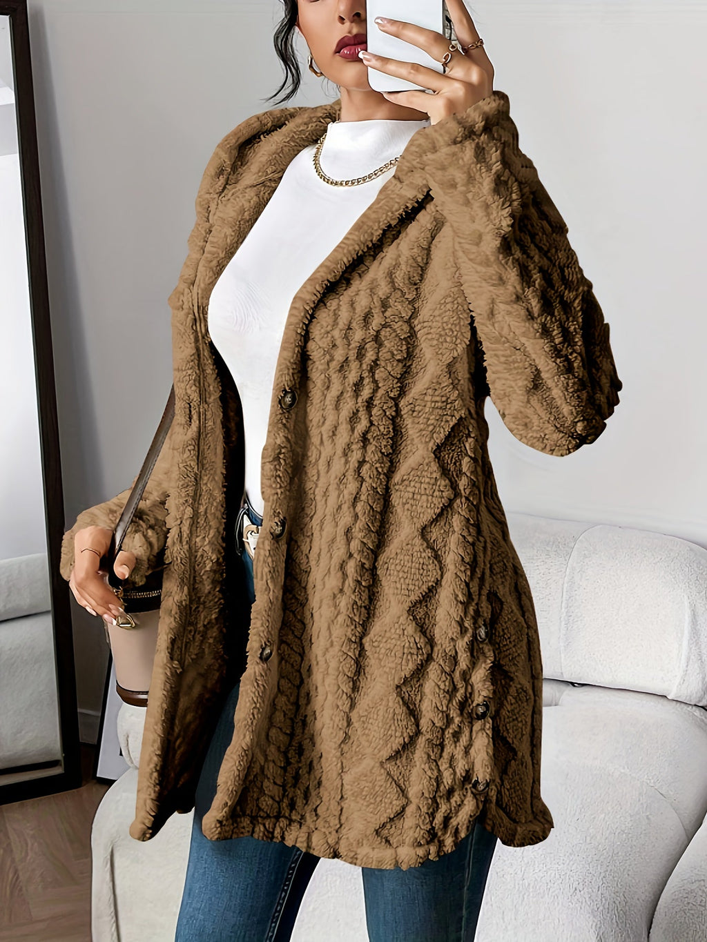 Lucy | Plush Elegance Hooded Jacquard Coat