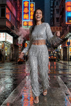 Fringe Crop Top and Wide-leg Pants Set | Elcevi