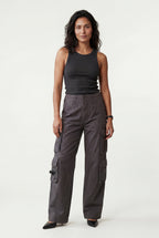 Lia | Washed Charcoal Straight-leg Cargo Trousers with Buckle Pockets