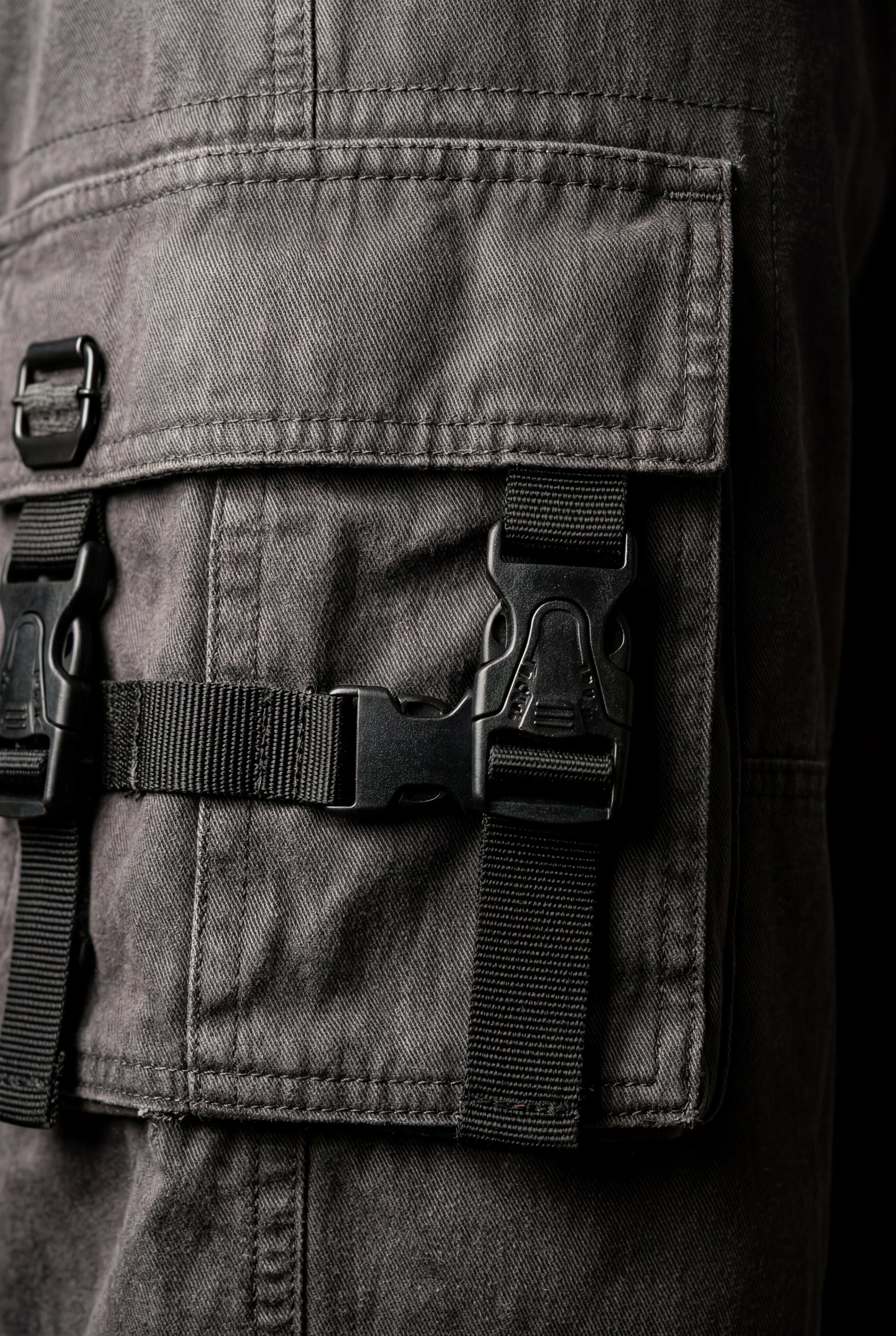 Lia | Washed Charcoal Straight-leg Cargo Trousers with Buckle Pockets