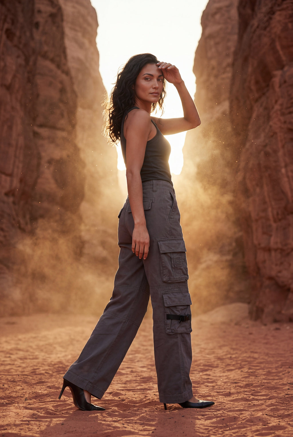 Lia | Washed Charcoal Straight-leg Cargo Trousers with Buckle Pockets
