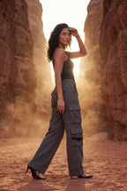 Lia | Washed Charcoal Straight-leg Cargo Trousers with Buckle Pockets