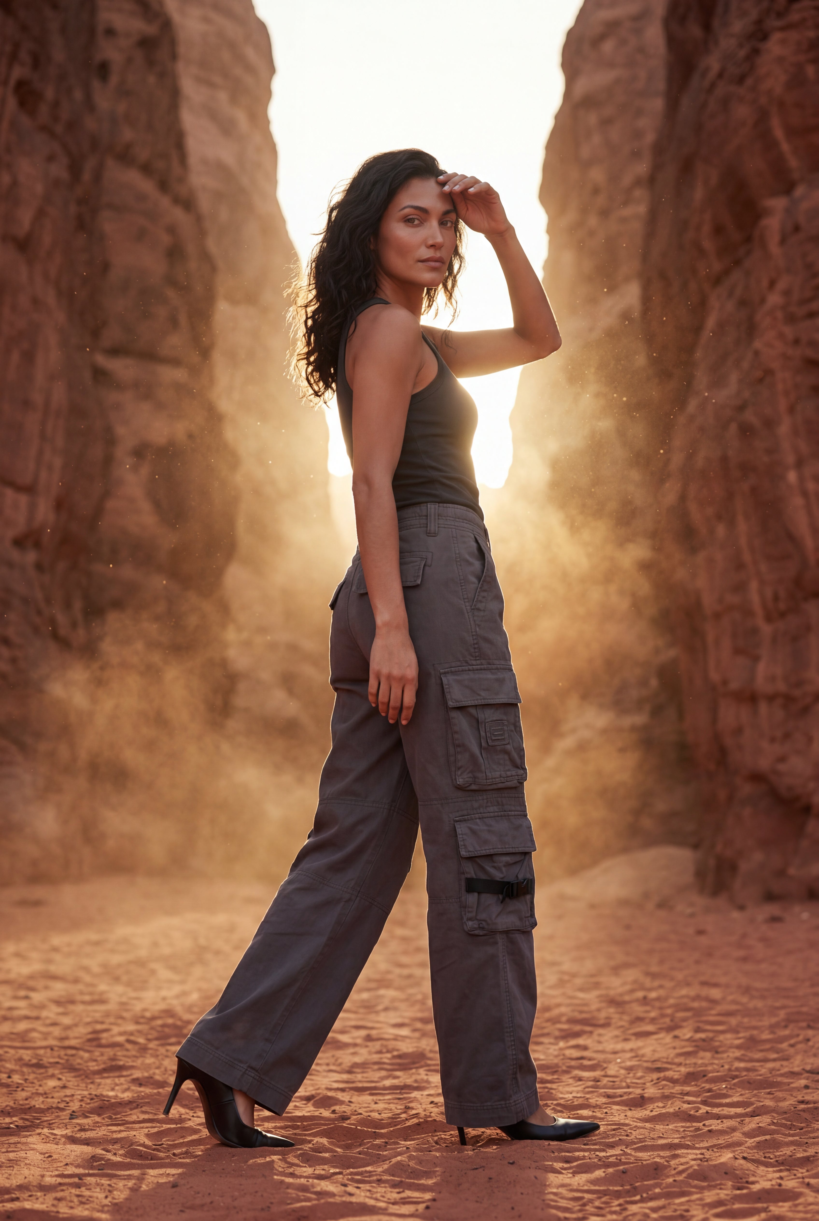 Lia | Washed Charcoal Straight-leg Cargo Trousers with Buckle Pockets