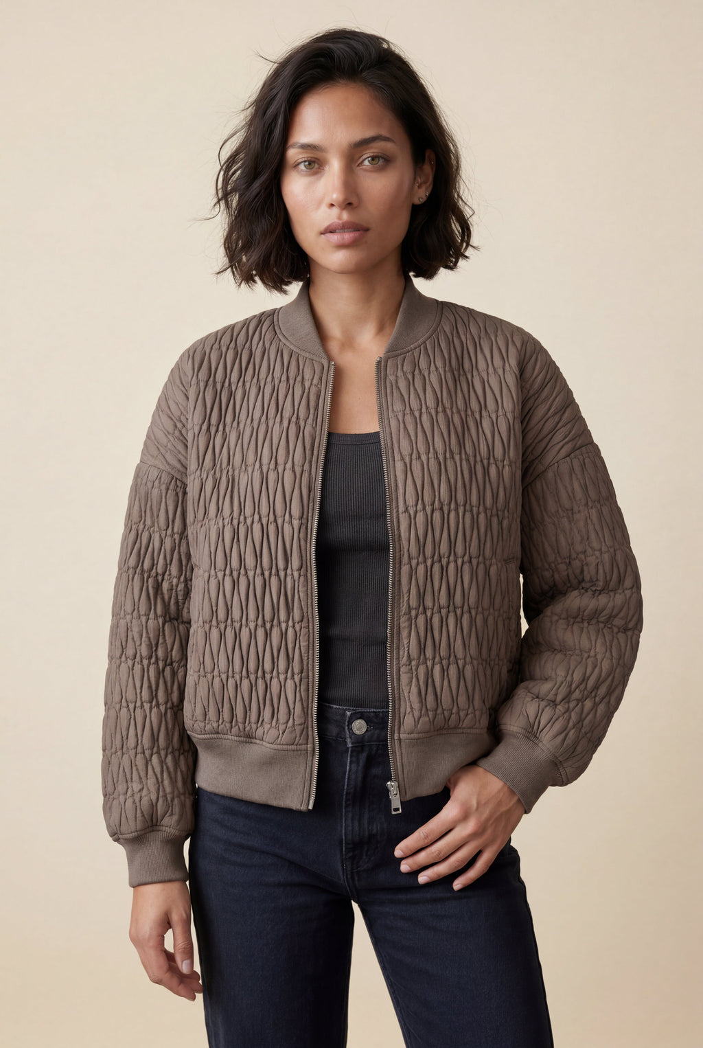 Quilted Bomber Jacket with Ribbed Trim | Senna