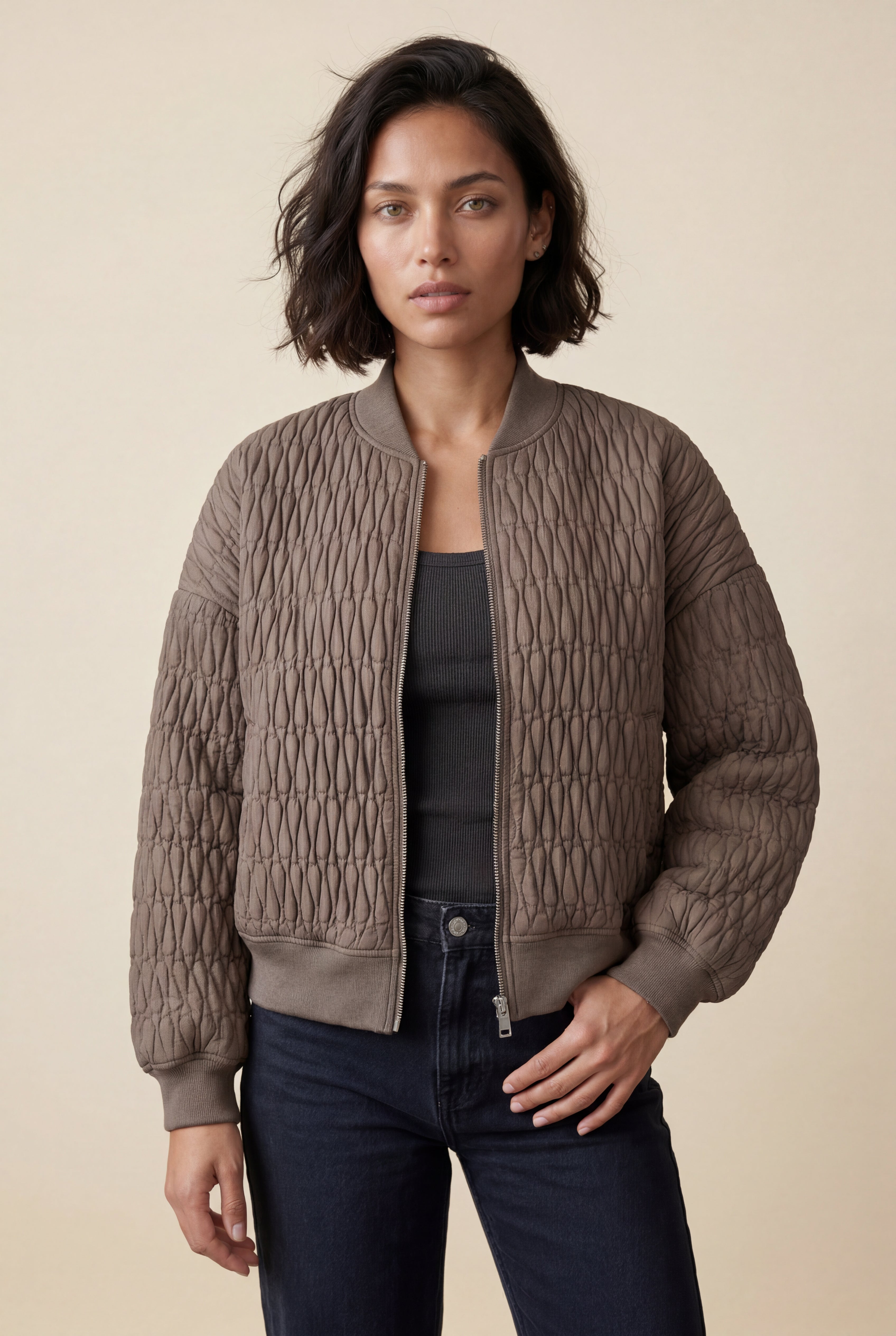 Quilted Bomber Jacket with Ribbed Trim | Senna