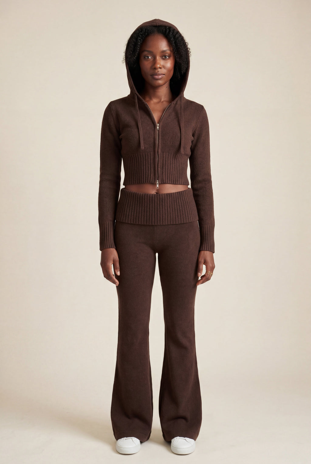 Lia | Ribbed Cropped Hoodie and Flared Pants Lounge Set