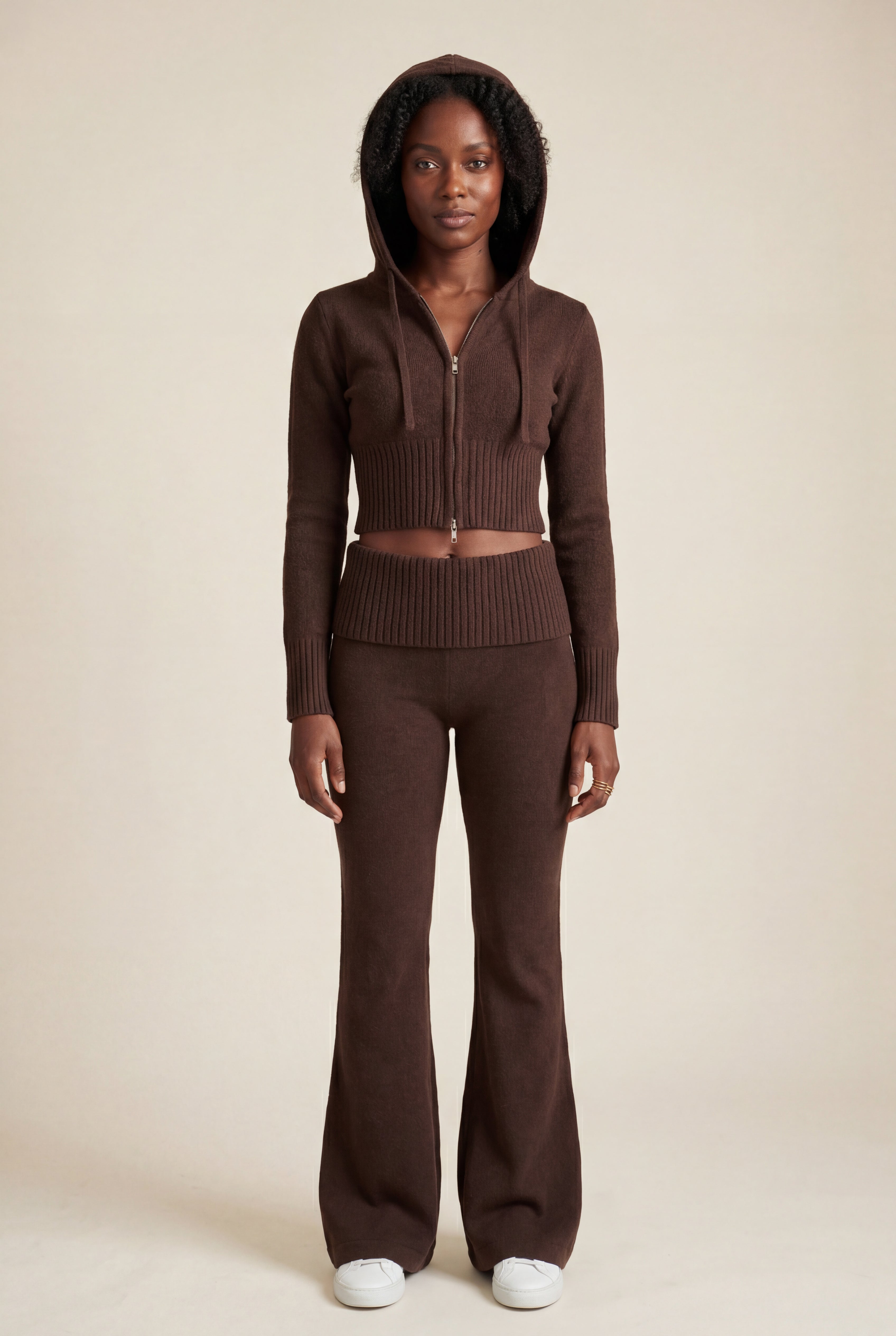 Lia | Ribbed Cropped Hoodie and Flared Pants Lounge Set