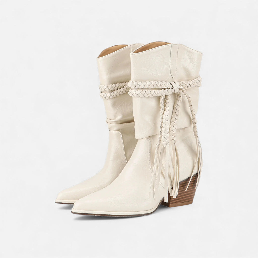 Lia | Braided Tassel Western Chunky Heel Mid-calf Boots