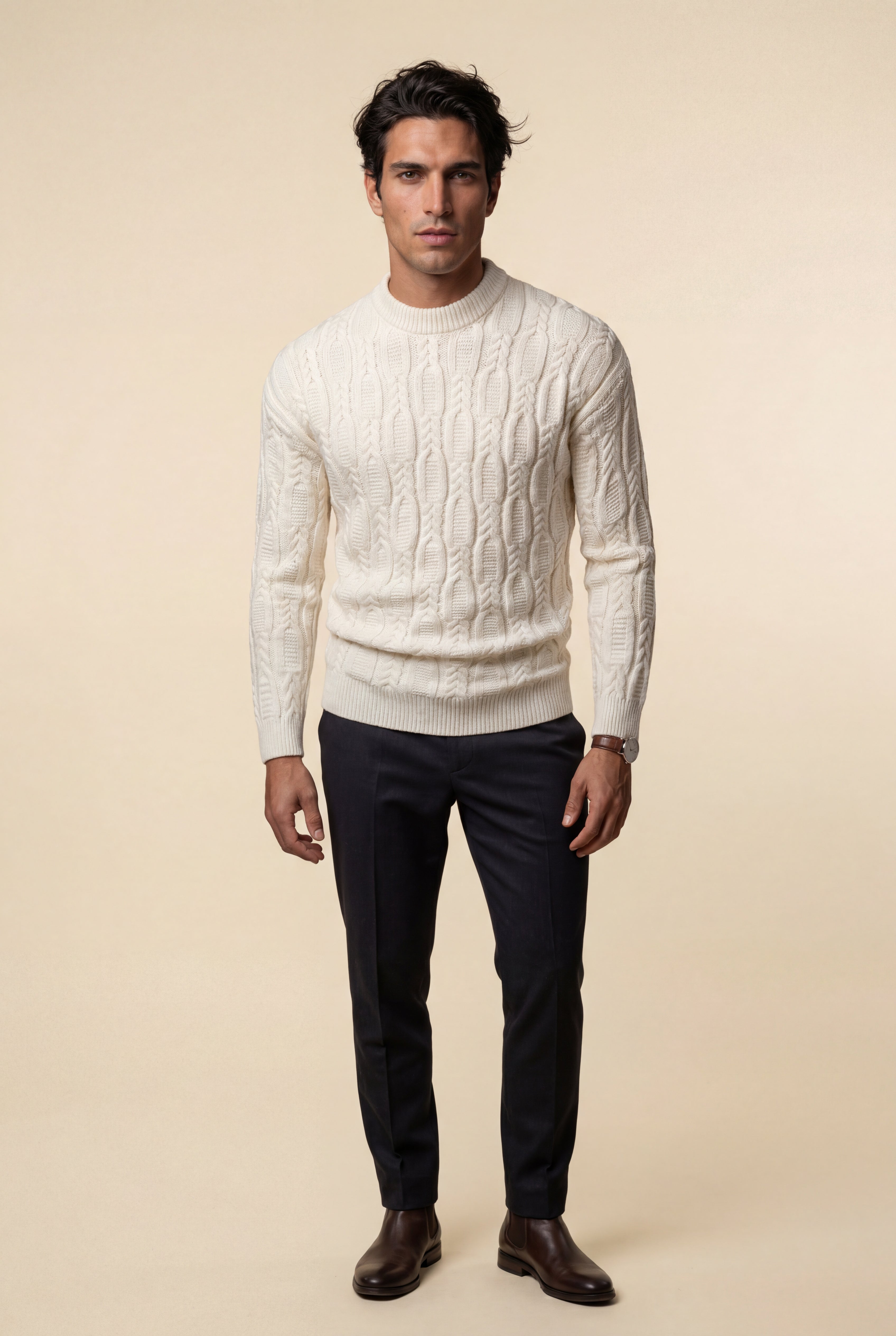 Chunky Cable Crewneck Sweater with Ribbed Hem | Liam