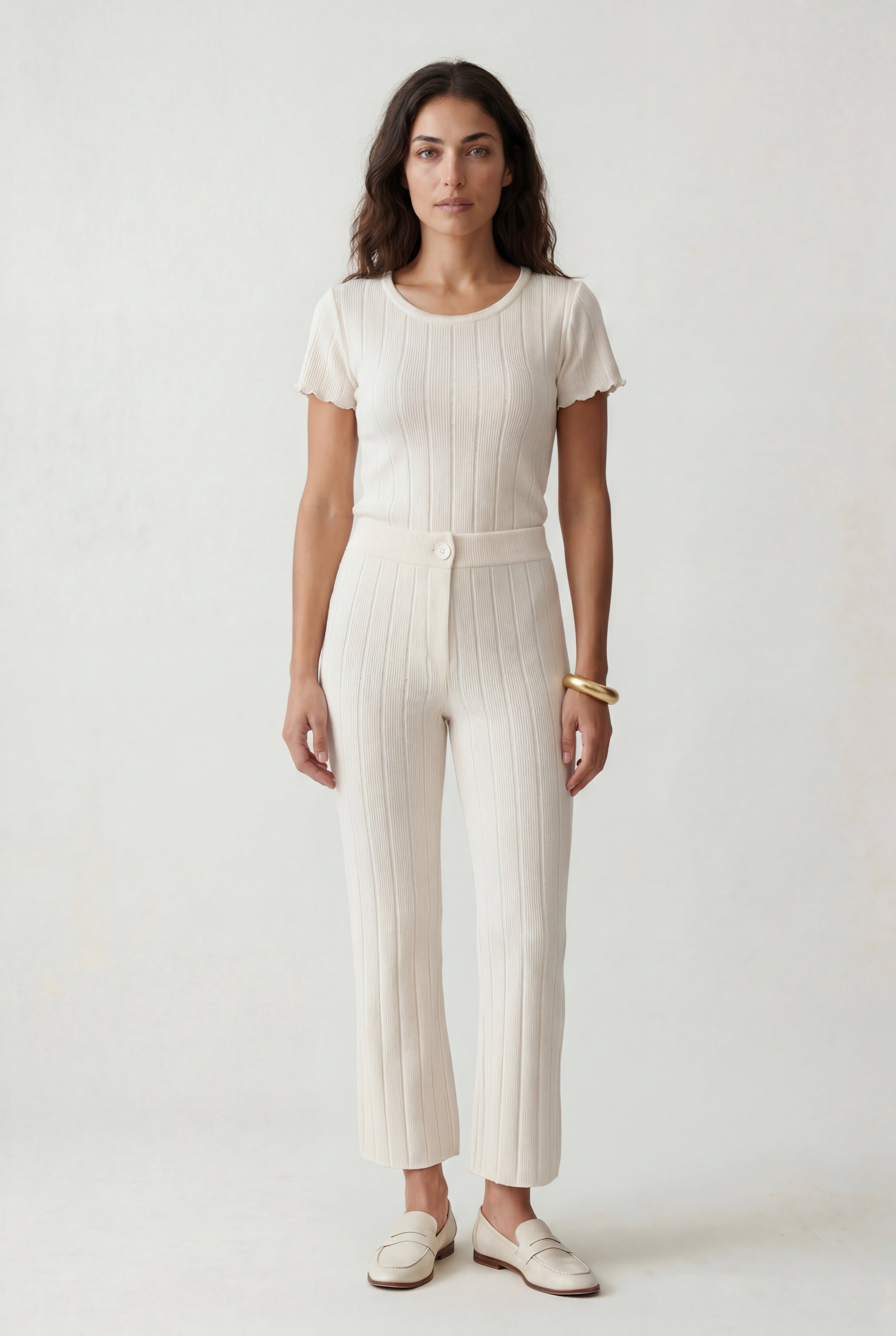 Lisa | Cream Ribbed Short Sleeve Loungewear Set
