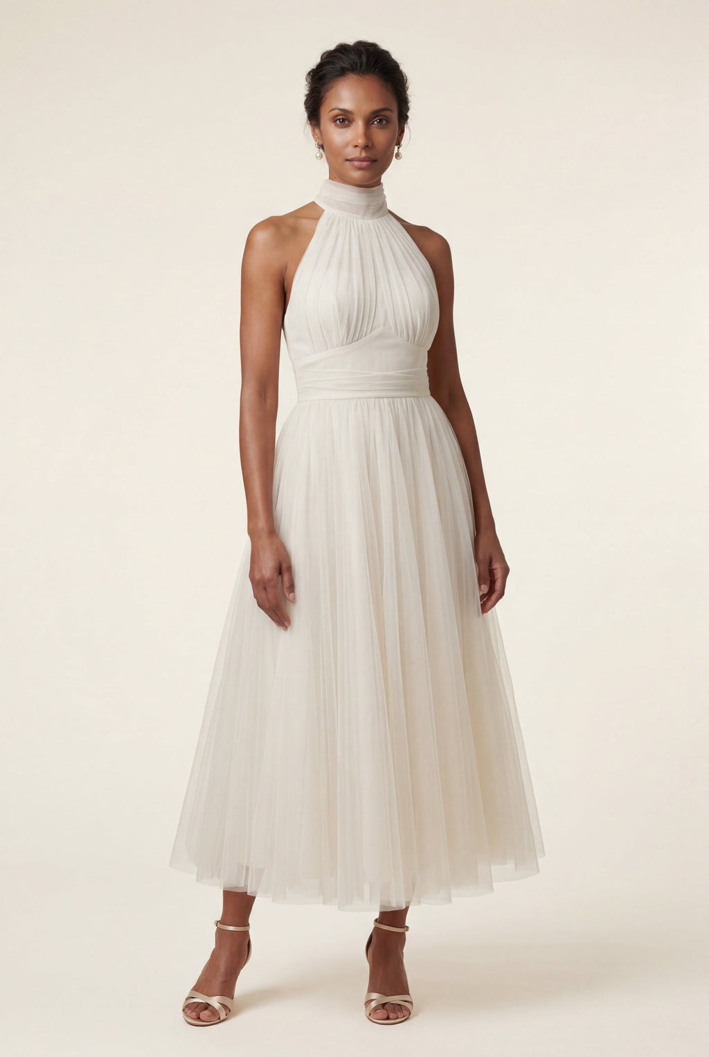 Alyssa | Pleated Halter Neck Midi Dress with Open Back Detail For Women