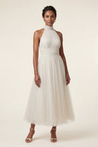 Alyssa | Pleated Halter Neck Midi Dress with Open Back Detail For Women
