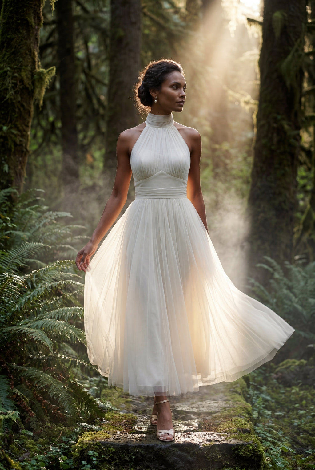 Alyssa | Pleated Halter Neck Midi Dress with Open Back Detail For Women