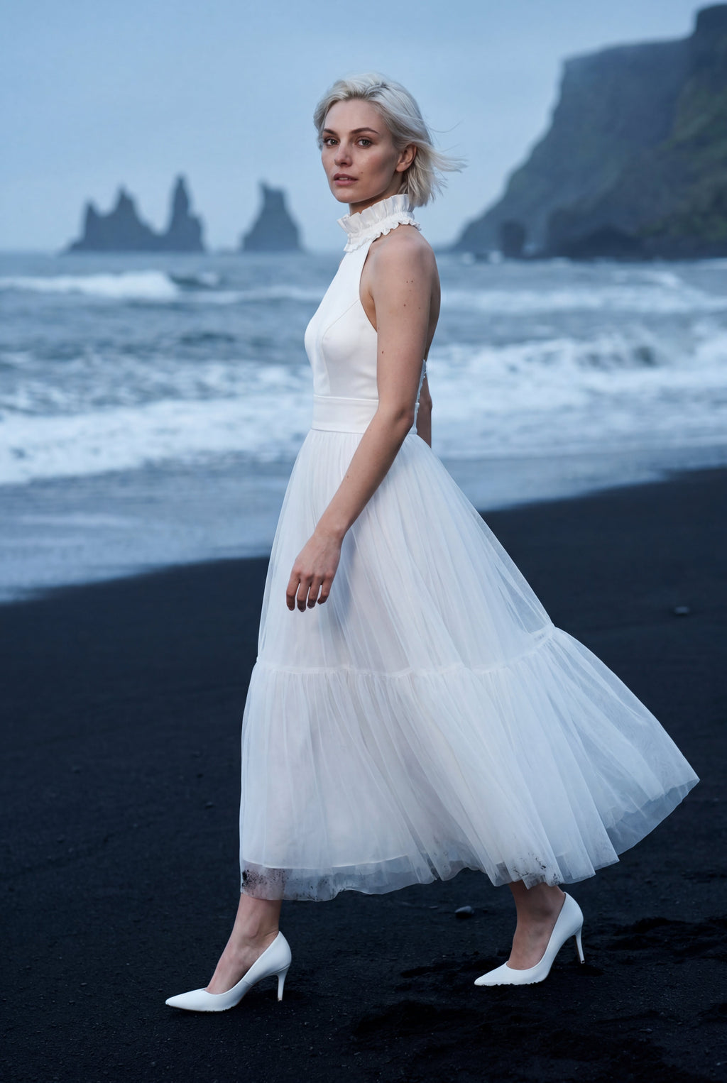 Alyssa | Pleated Halter Neck Midi Dress with Open Back Detail For Women