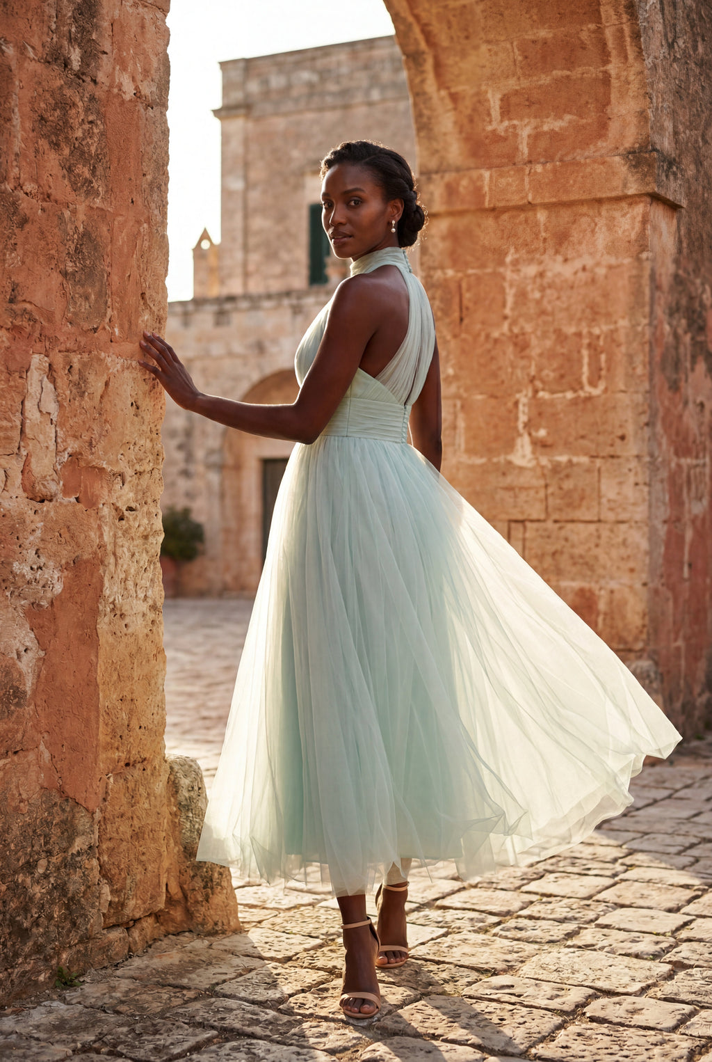 Alyssa | Pleated Halter Neck Midi Dress with Open Back Detail For Women