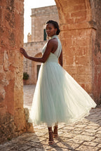 Alyssa | Pleated Halter Neck Midi Dress with Open Back Detail For Women