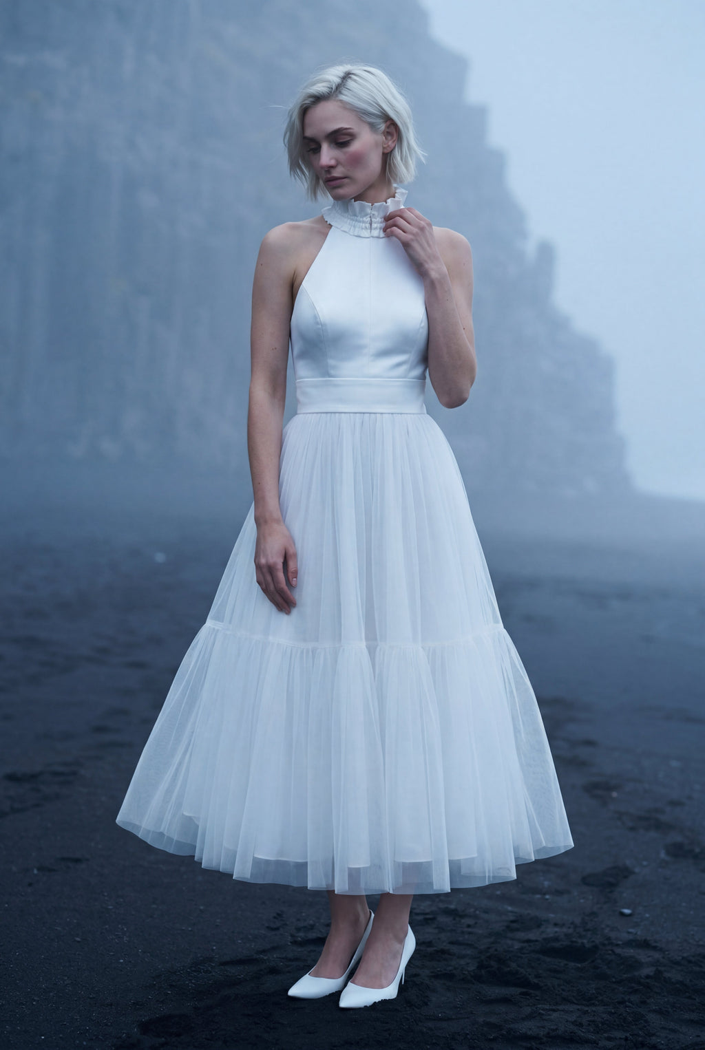 Alyssa | Pleated Halter Neck Midi Dress with Open Back Detail For Women