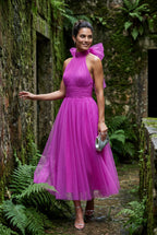 Alyssa | Pleated Halter Neck Midi Dress with Open Back Detail For Women
