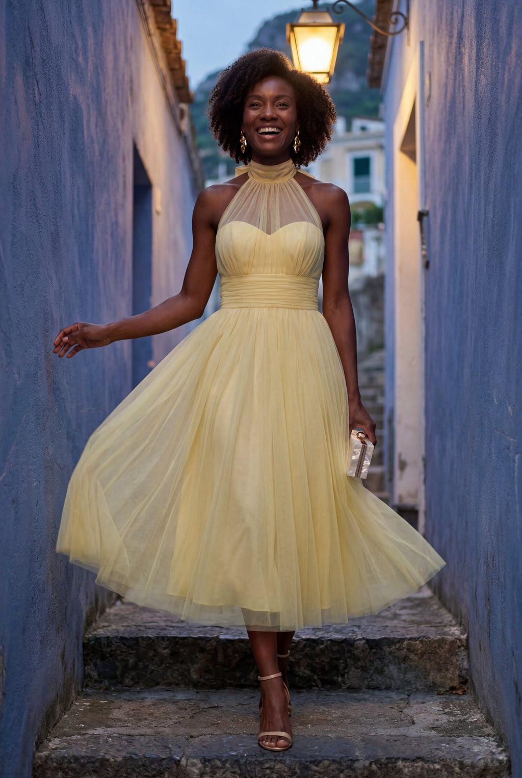 Alyssa | Pleated Halter Neck Midi Dress with Open Back Detail For Women