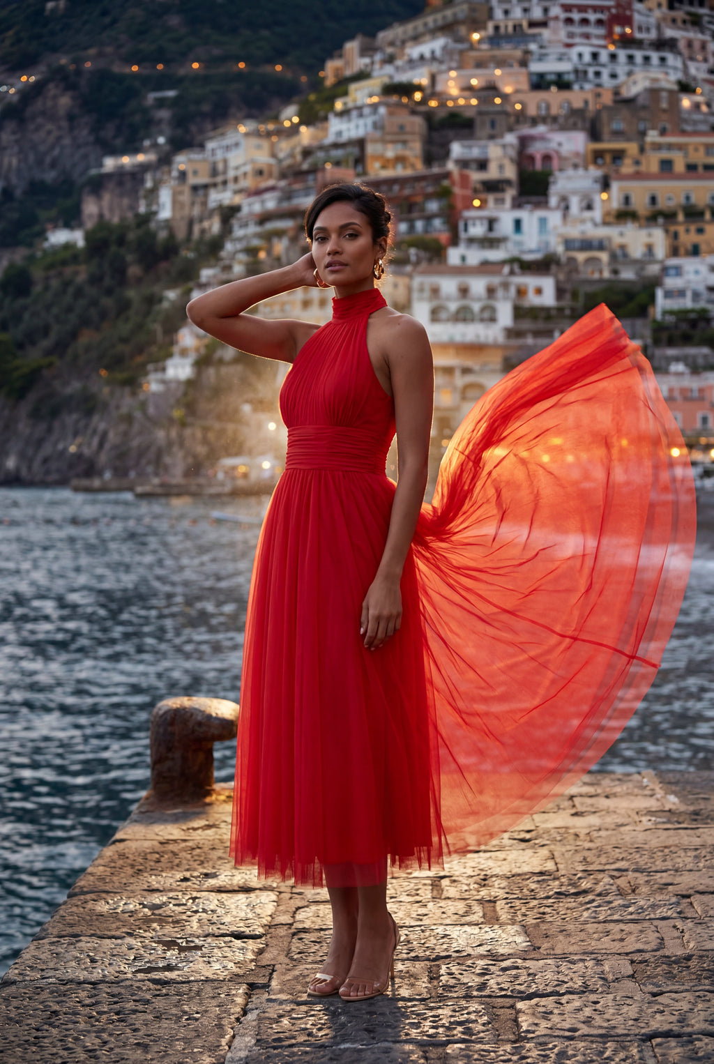 Alyssa | Pleated Halter Neck Midi Dress with Open Back Detail For Women