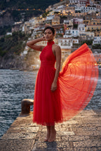 Alyssa | Pleated Halter Neck Midi Dress with Open Back Detail For Women