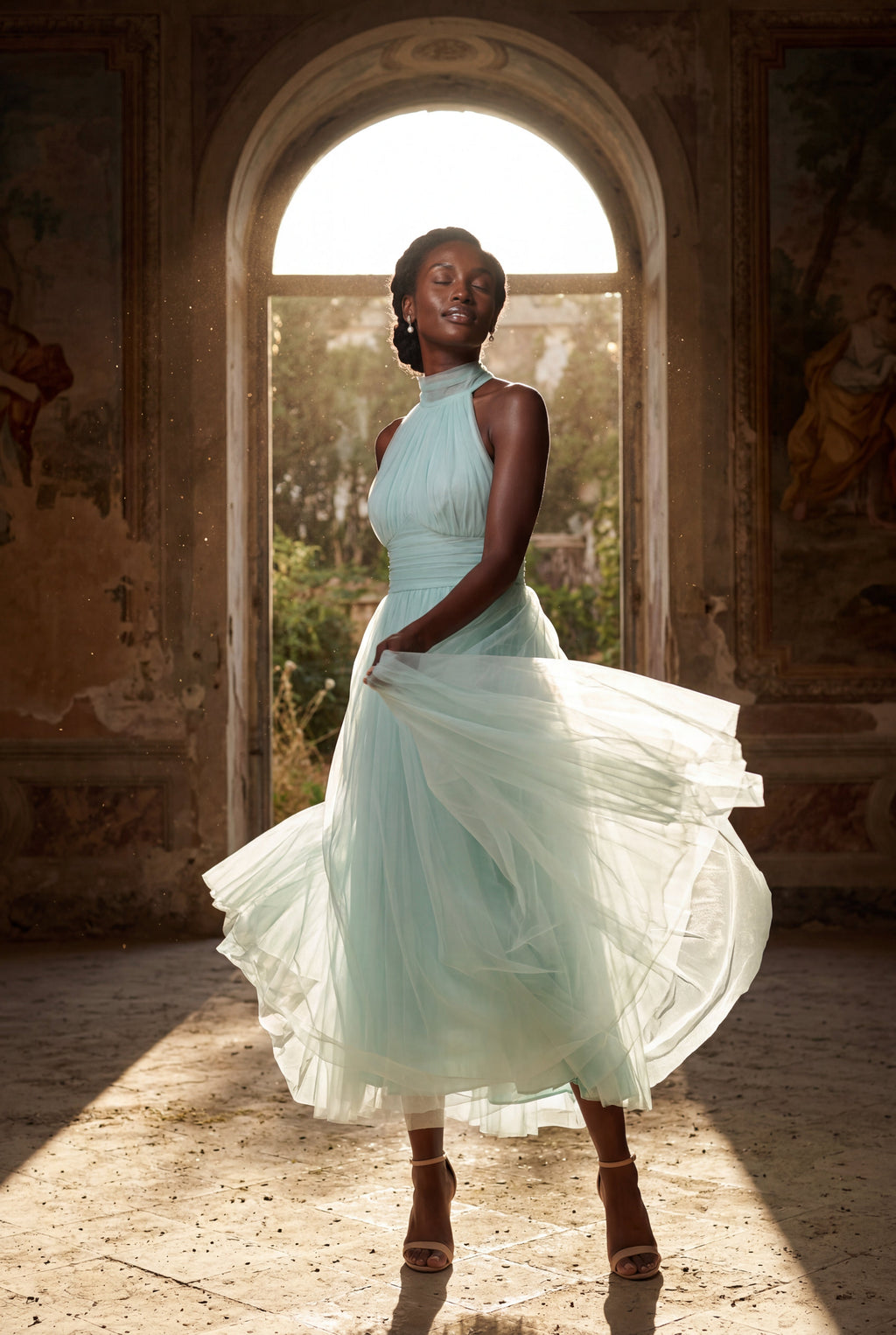 Alyssa | Pleated Halter Neck Midi Dress with Open Back Detail For Women
