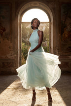 Alyssa | Pleated Halter Neck Midi Dress with Open Back Detail For Women