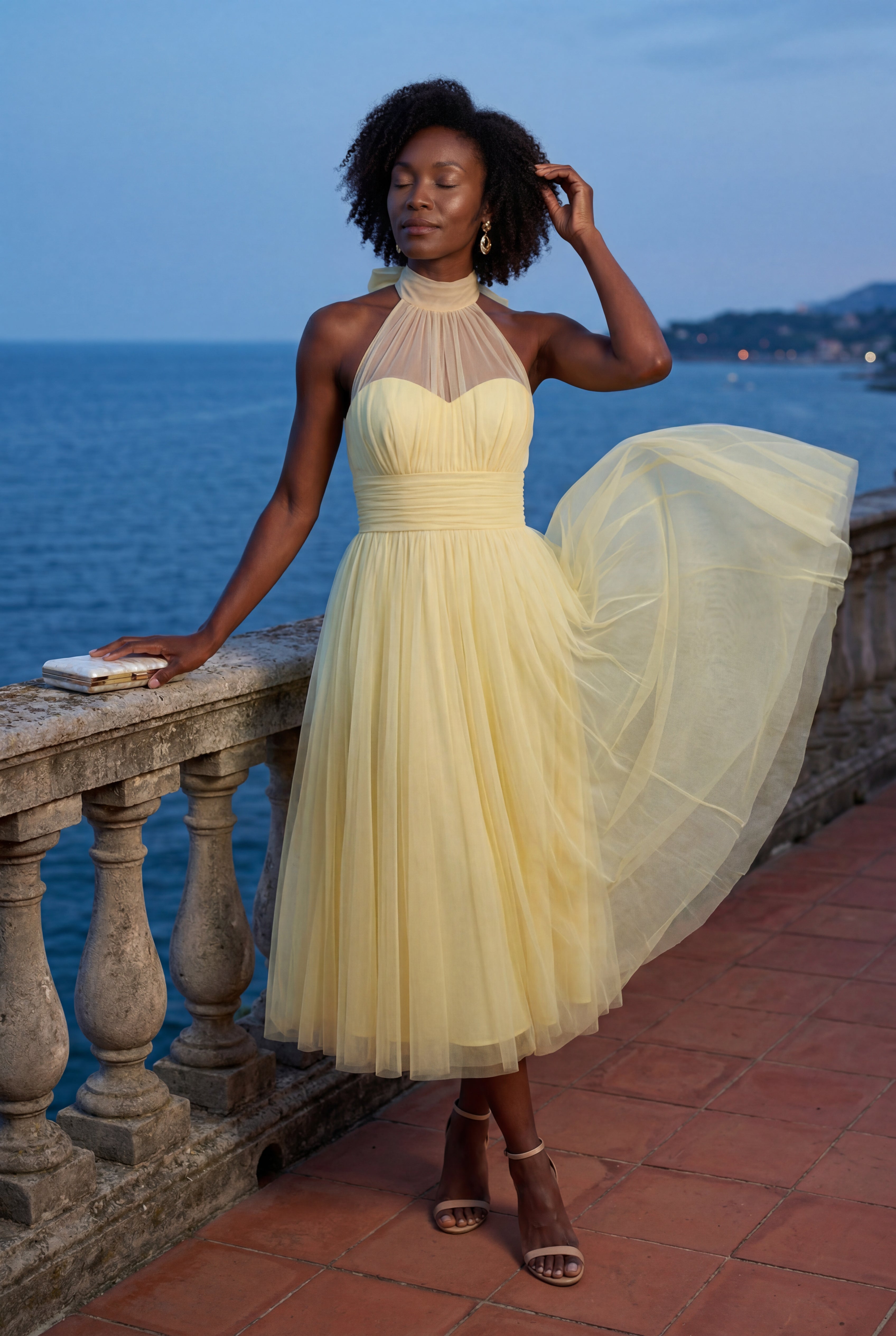 Alyssa | Pleated Halter Neck Midi Dress with Open Back Detail For Women