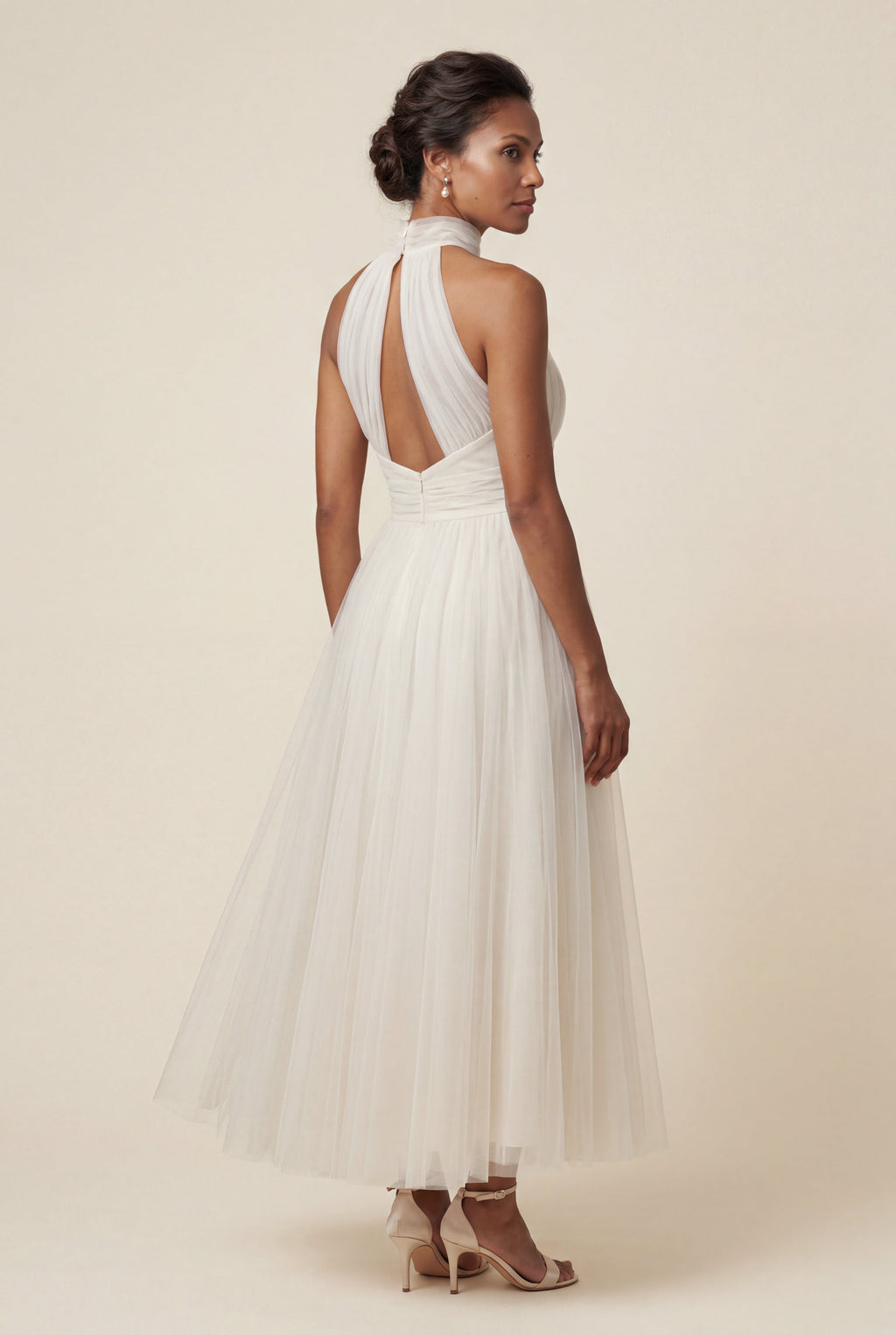 Alyssa | Pleated Halter Neck Midi Dress with Open Back Detail For Women