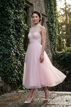 Alyssa | Pleated Halter Neck Midi Dress with Open Back Detail For Women