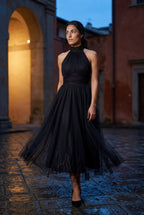 Alyssa | Pleated Halter Neck Midi Dress with Open Back Detail For Women