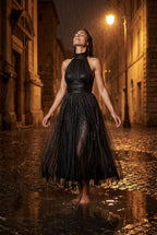 Alyssa | Pleated Halter Neck Midi Dress with Open Back Detail For Women