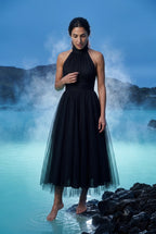 Alyssa | Pleated Halter Neck Midi Dress with Open Back Detail For Women