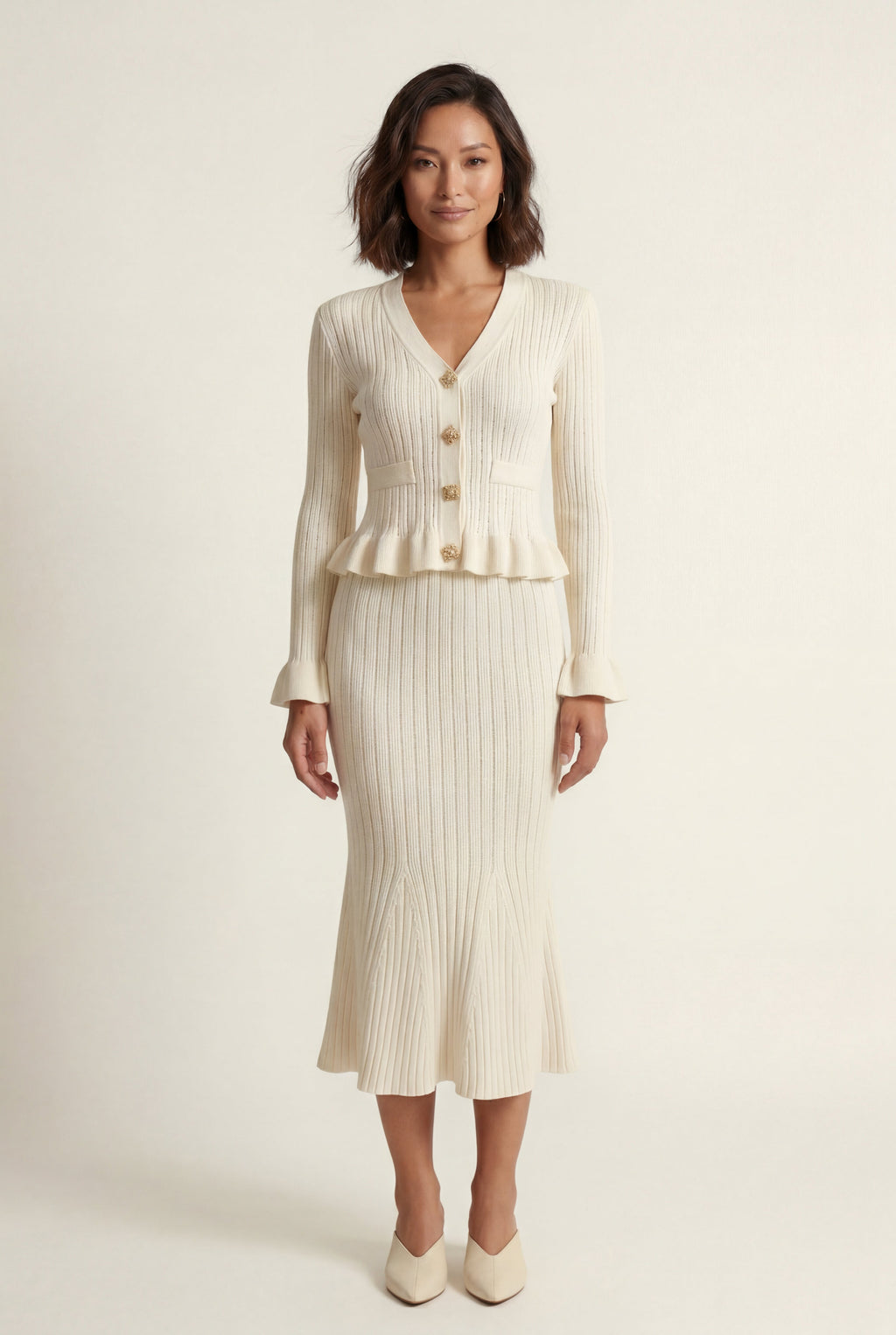 Lia | Ribbed Peplum Cardigan and Fluted Midi Skirt Set