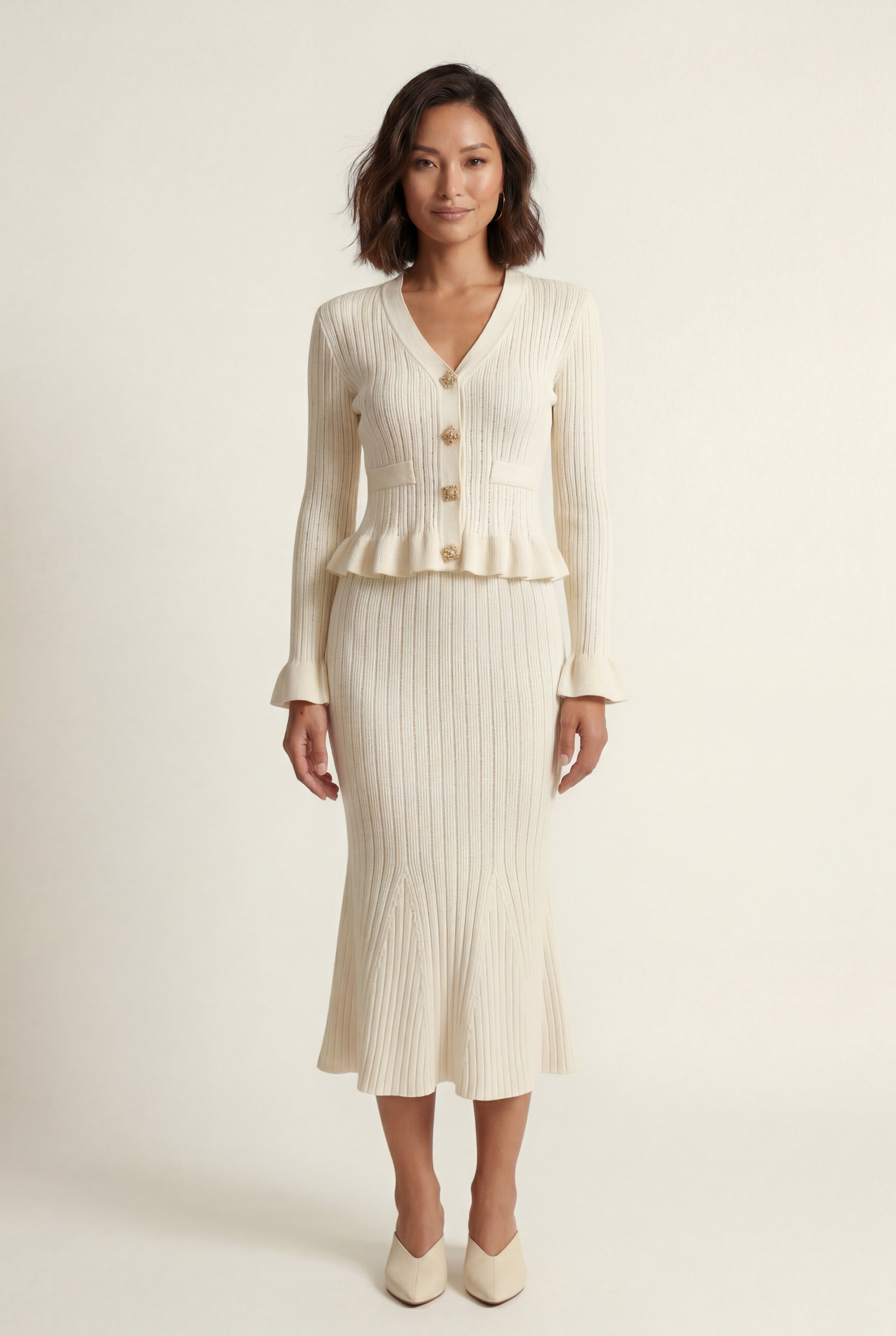 Lia | Ribbed Peplum Cardigan and Fluted Midi Skirt Set