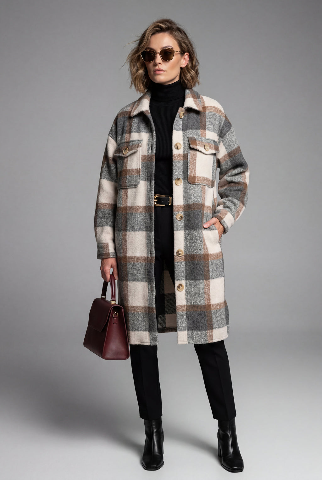 Checked Button-front Long Plaid Coat with Chest Pockets | Senna