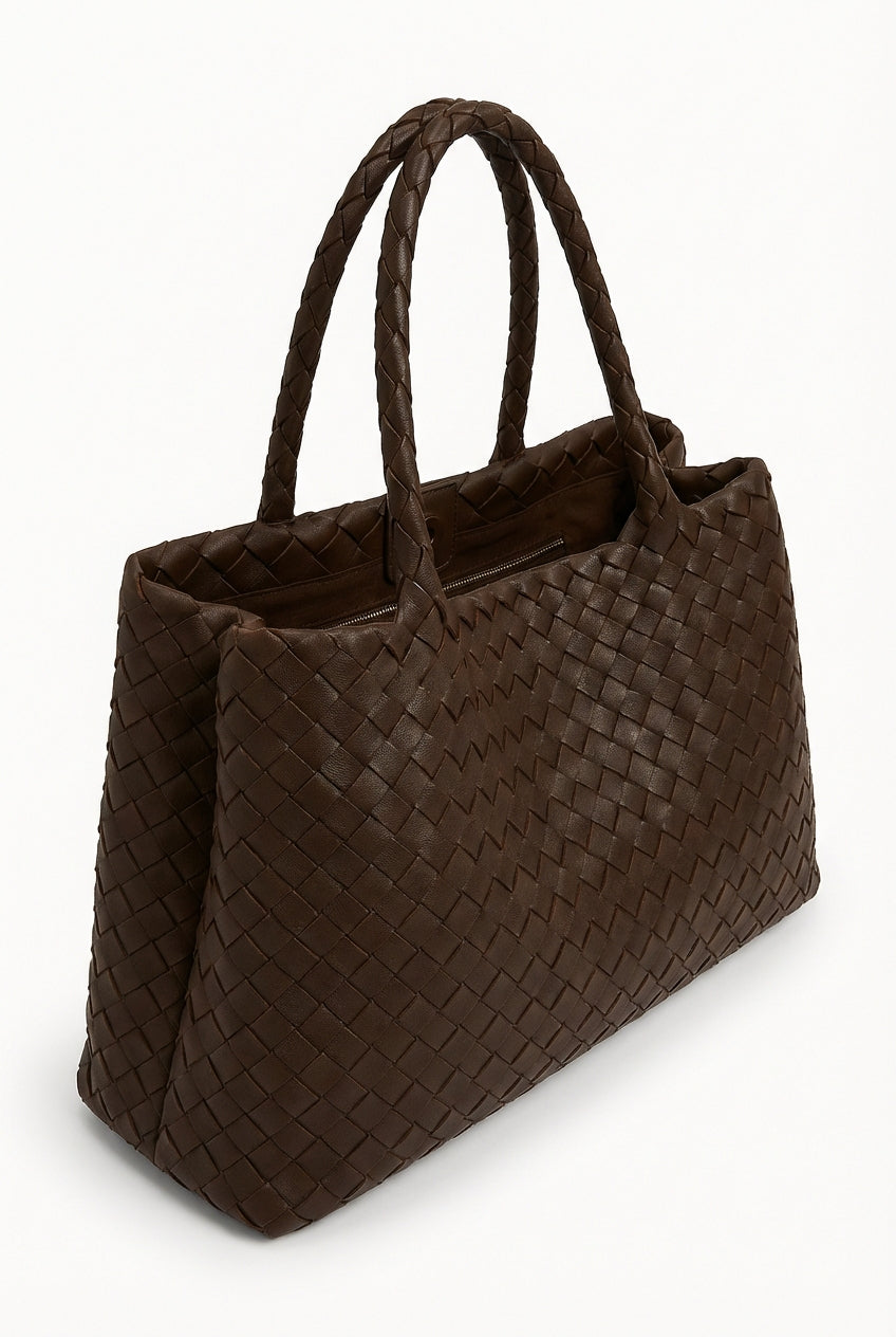 Lieke | Chocolate Brown Large Tote Bag with Braided Handles