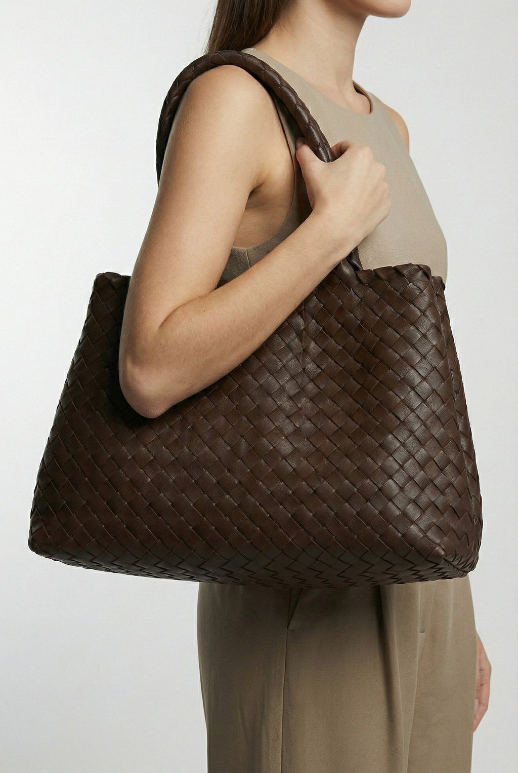 Lieke | Chocolate Brown Large Tote Bag with Braided Handles