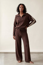 Lisa | Chocolate Brown Zip-collar Stripe Two Piece Loungewear Set