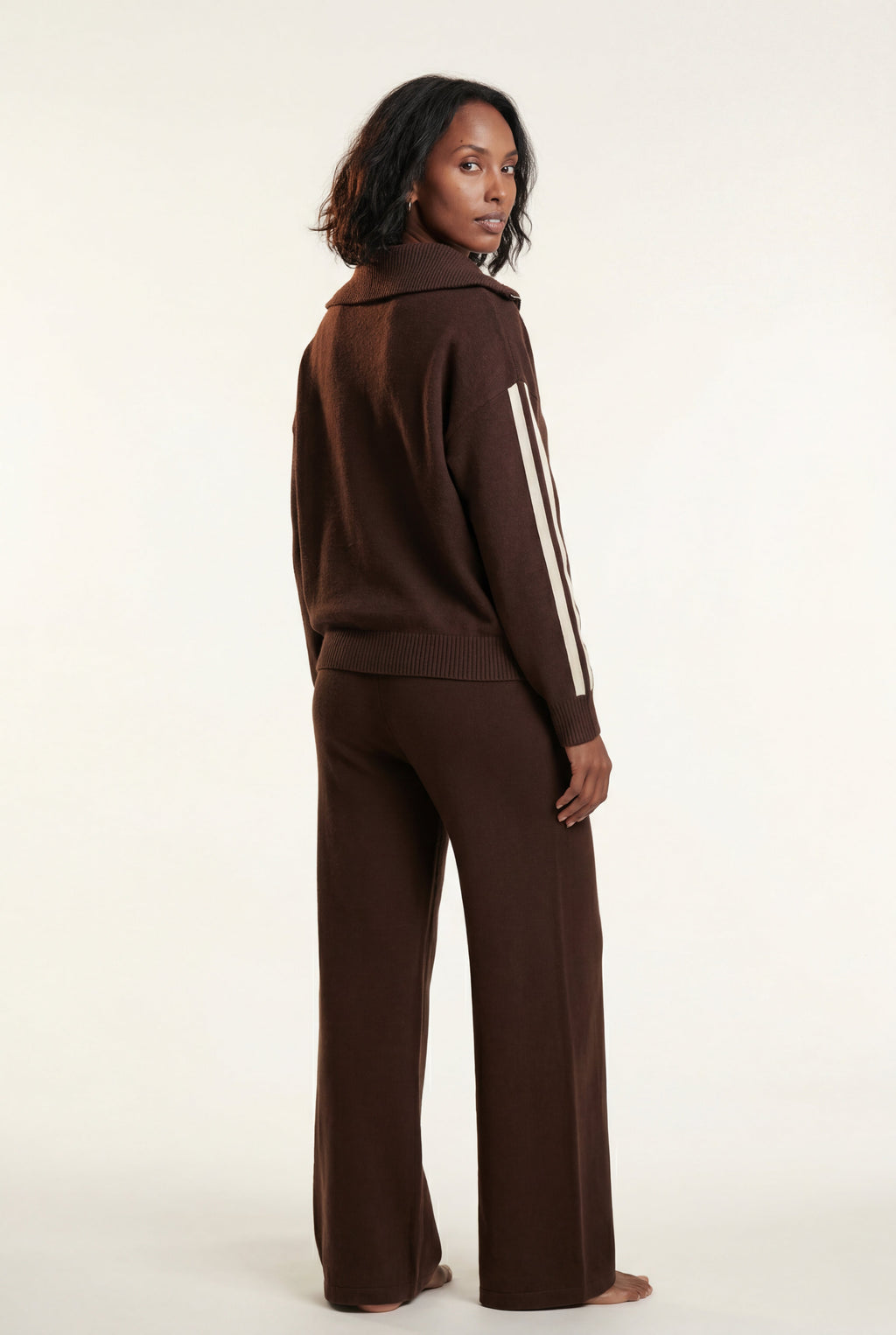 Lisa | Chocolate Brown Zip-collar Stripe Two Piece Loungewear Set